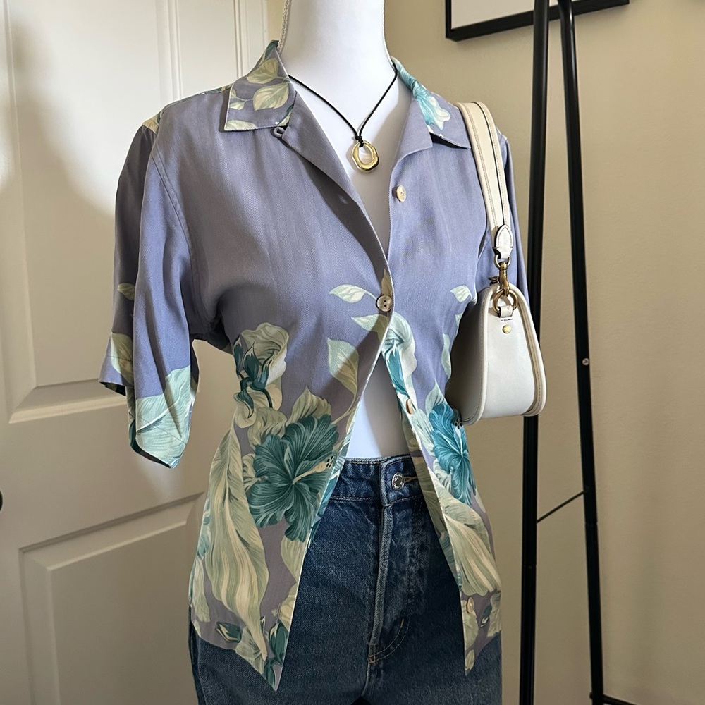 Vintage Tommy Bahama Silk Floral Shirt in Blue Purple and Green